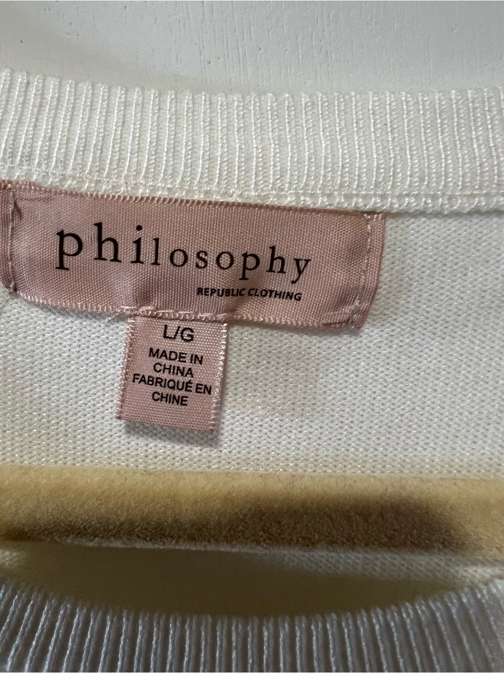 Philosophy White Top with Pink Brand Tag